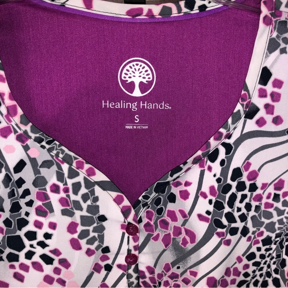Healing Hands Purple Label Two Button Jewel Neck purple patterned scrub top - Picture 3 of 6